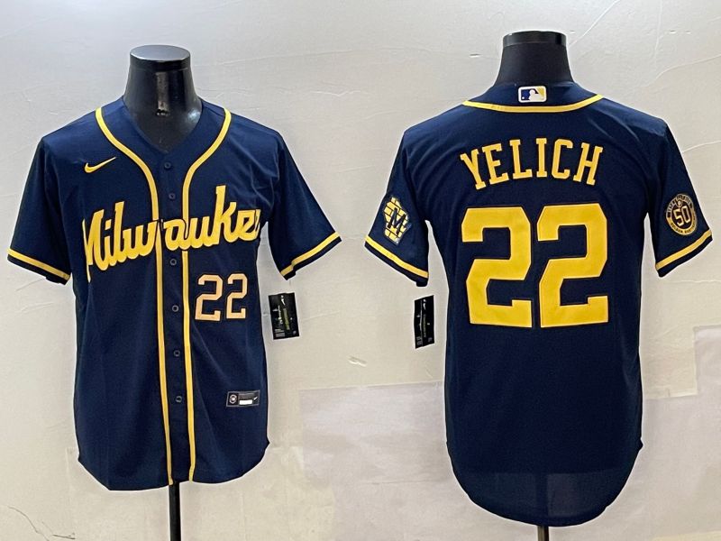 Men Milwaukee Brewers #22 Yelich Drak Blue Game 2025 Nike MLB Jersey style 03091